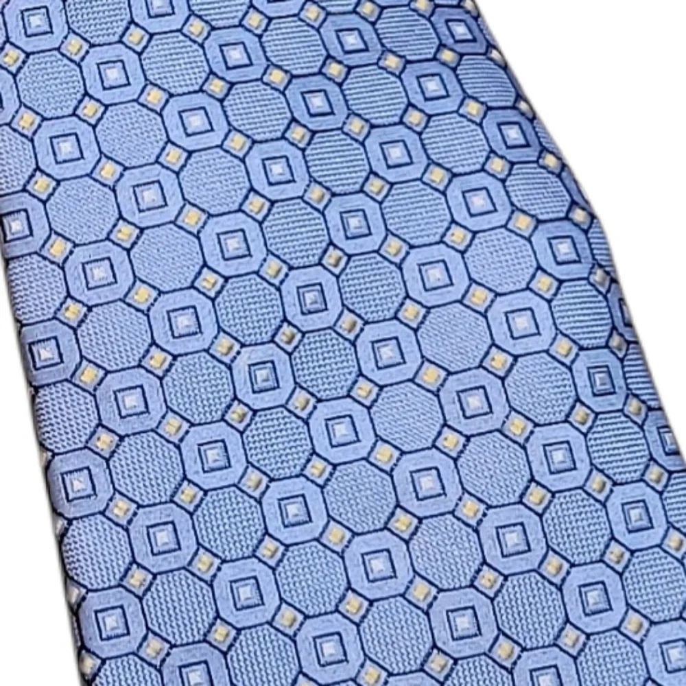Tommy Hilfiger 100% Silk Light Blue Yellow Geometric Tie